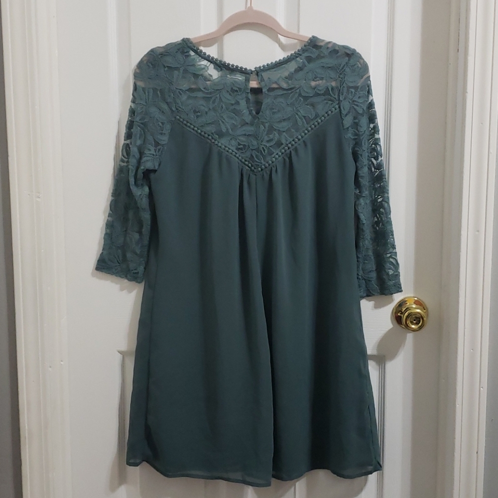 Lace Neck Dark Teal Shift Dress 3/4 Sleeve Size M - Picture 2 of 7